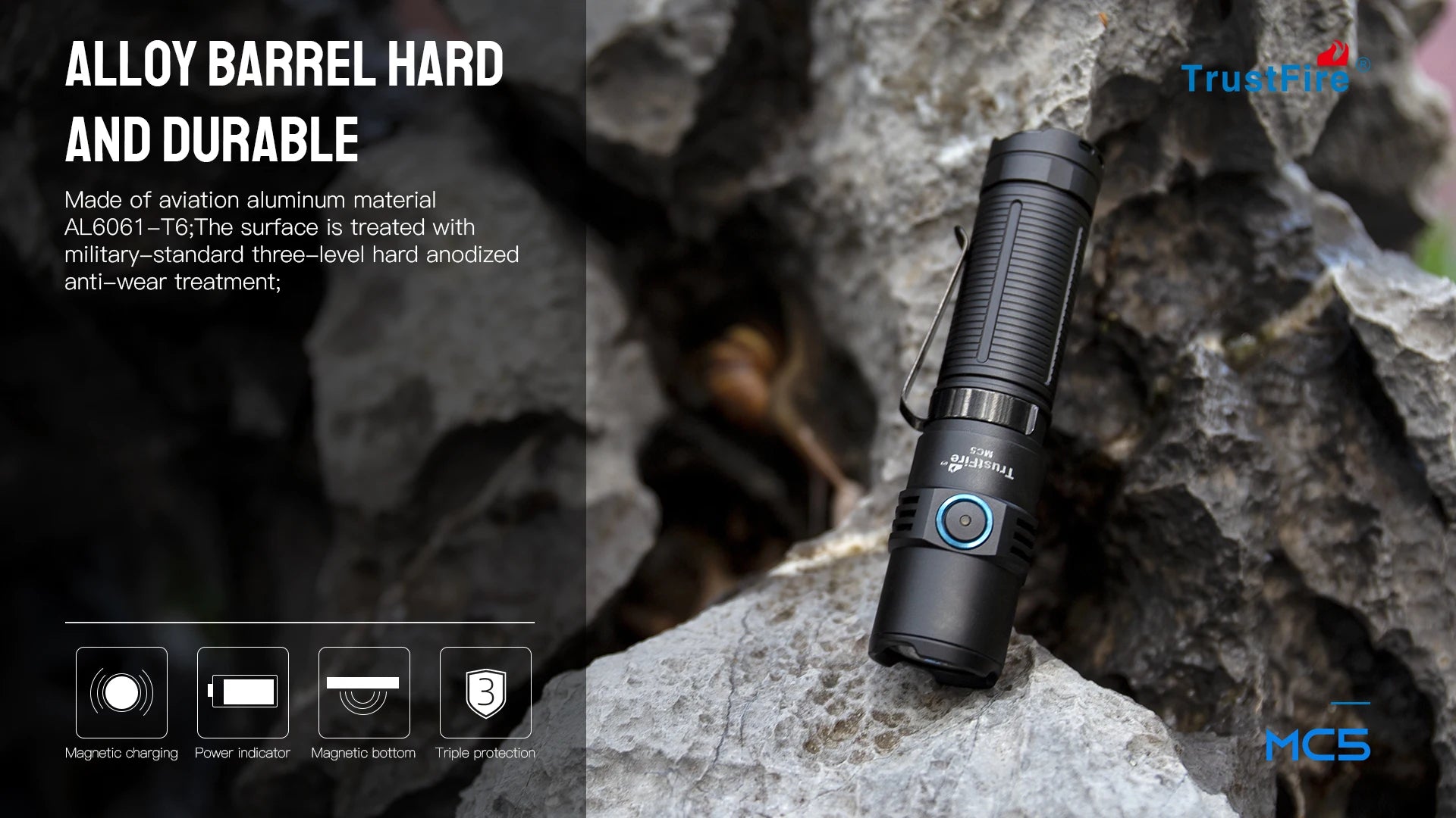 Trustfire MC5 LED EDC Flashlight 3300Lumen Rechargeable Lamp 21700 Battery Torchs with Magnetic USB Charging and Power Indicator