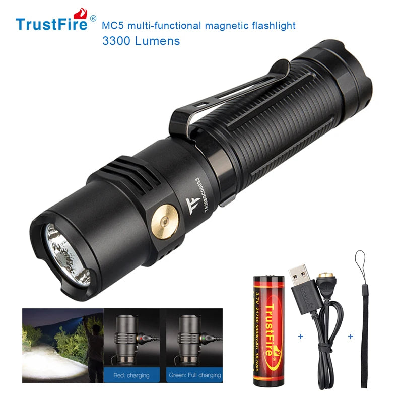 Trustfire MC5 LED EDC Flashlight 3300Lumen Rechargeable Lamp 21700 Battery Torchs with Magnetic USB Charging and Power Indicator