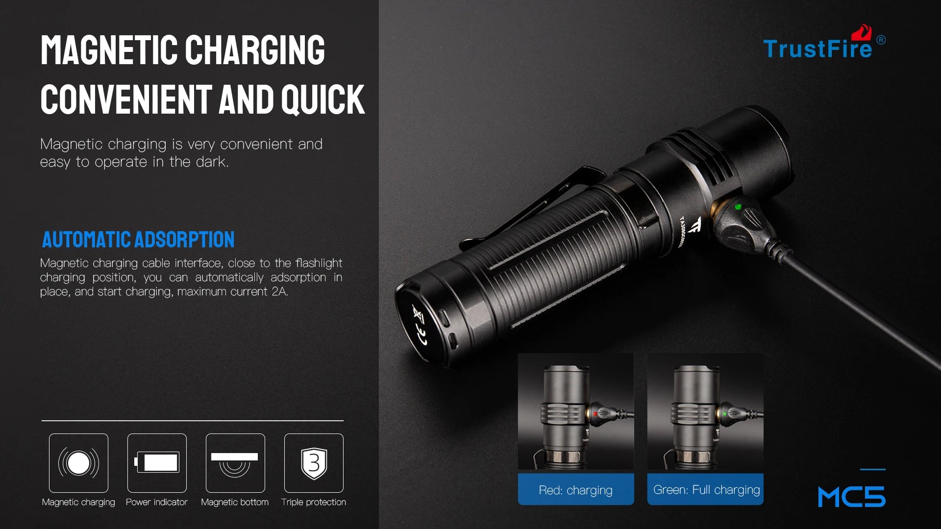 Trustfire MC5 LED EDC Flashlight 3300Lumen Rechargeable Lamp 21700 Battery Torchs with Magnetic USB Charging and Power Indicator