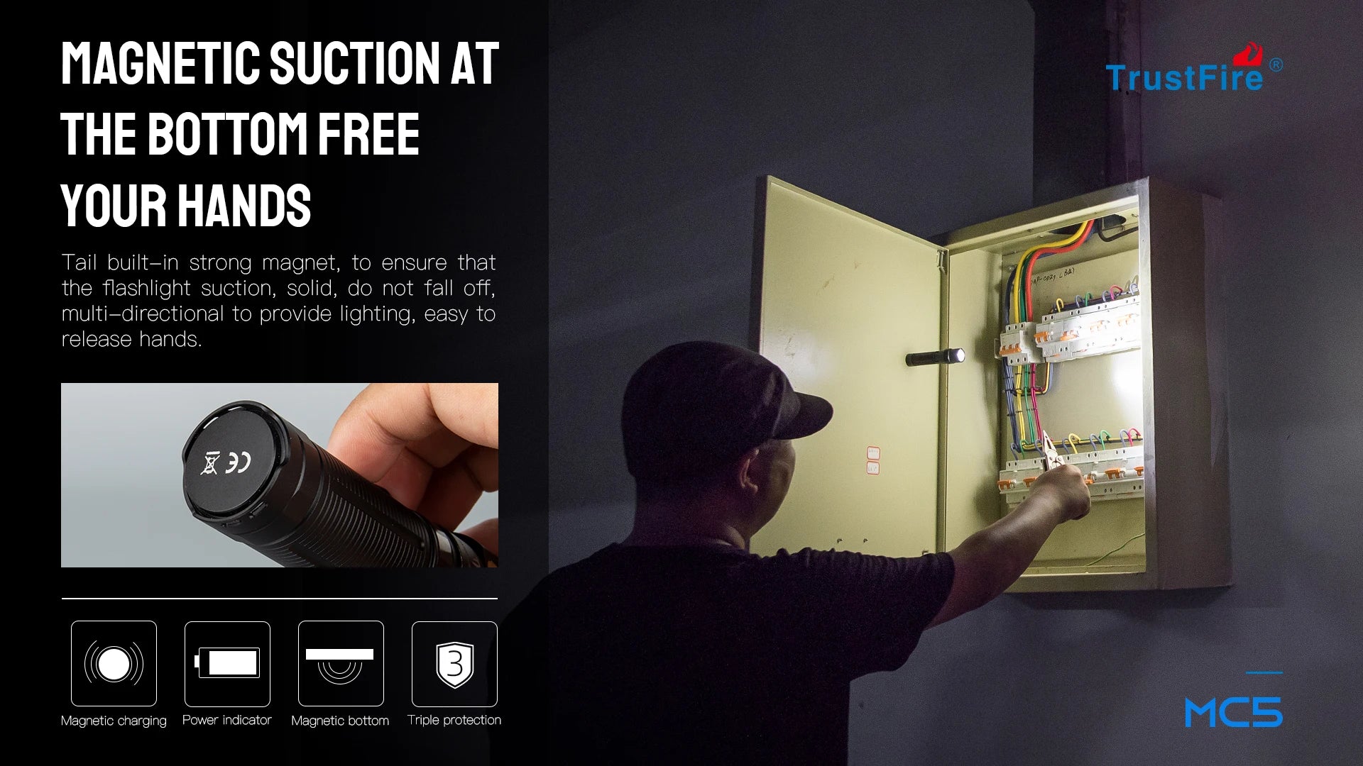 Trustfire MC5 LED EDC Flashlight 3300Lumen Rechargeable Lamp 21700 Battery Torchs with Magnetic USB Charging and Power Indicator