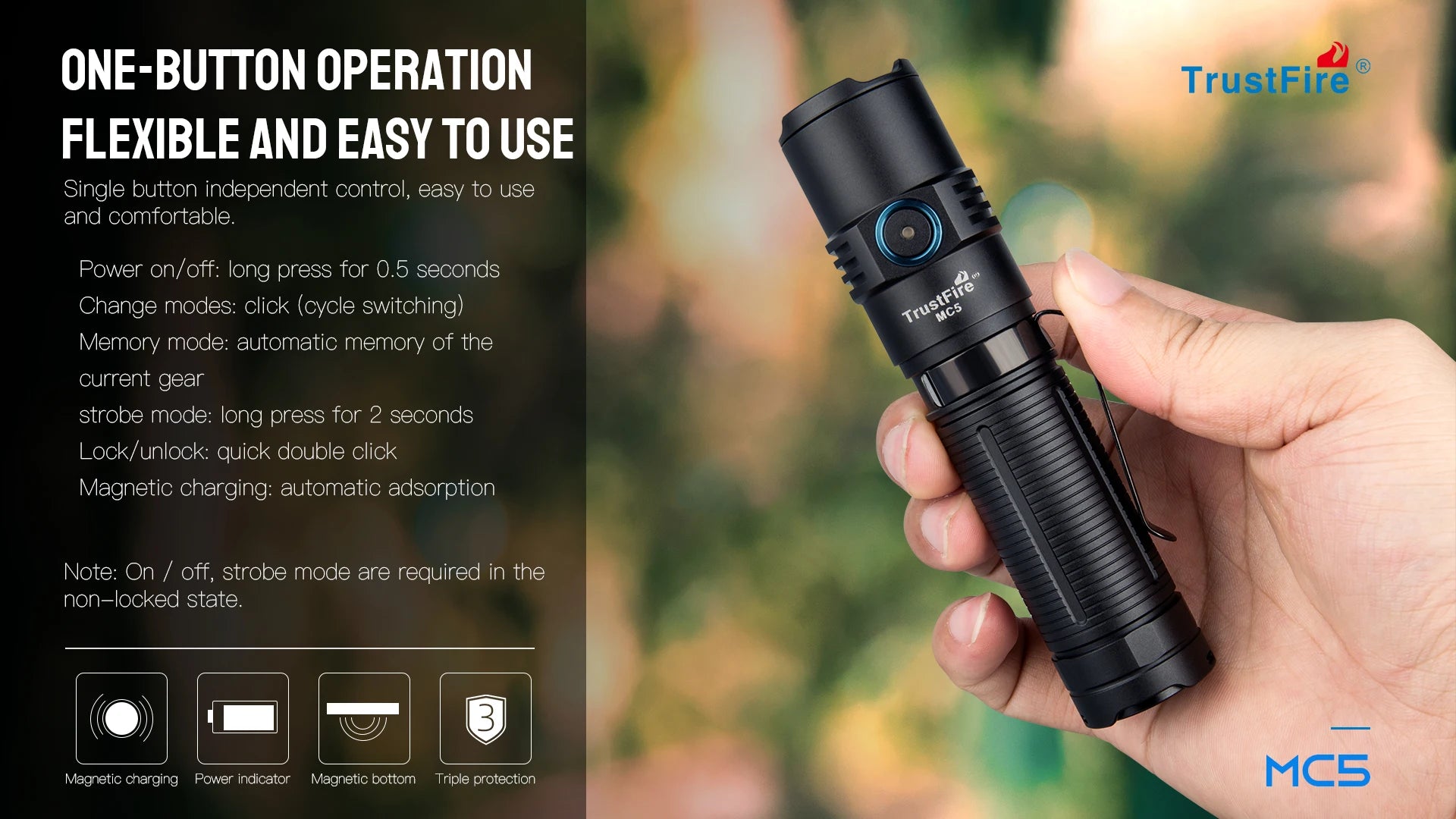 Trustfire MC5 LED EDC Flashlight 3300Lumen Rechargeable Lamp 21700 Battery Torchs with Magnetic USB Charging and Power Indicator