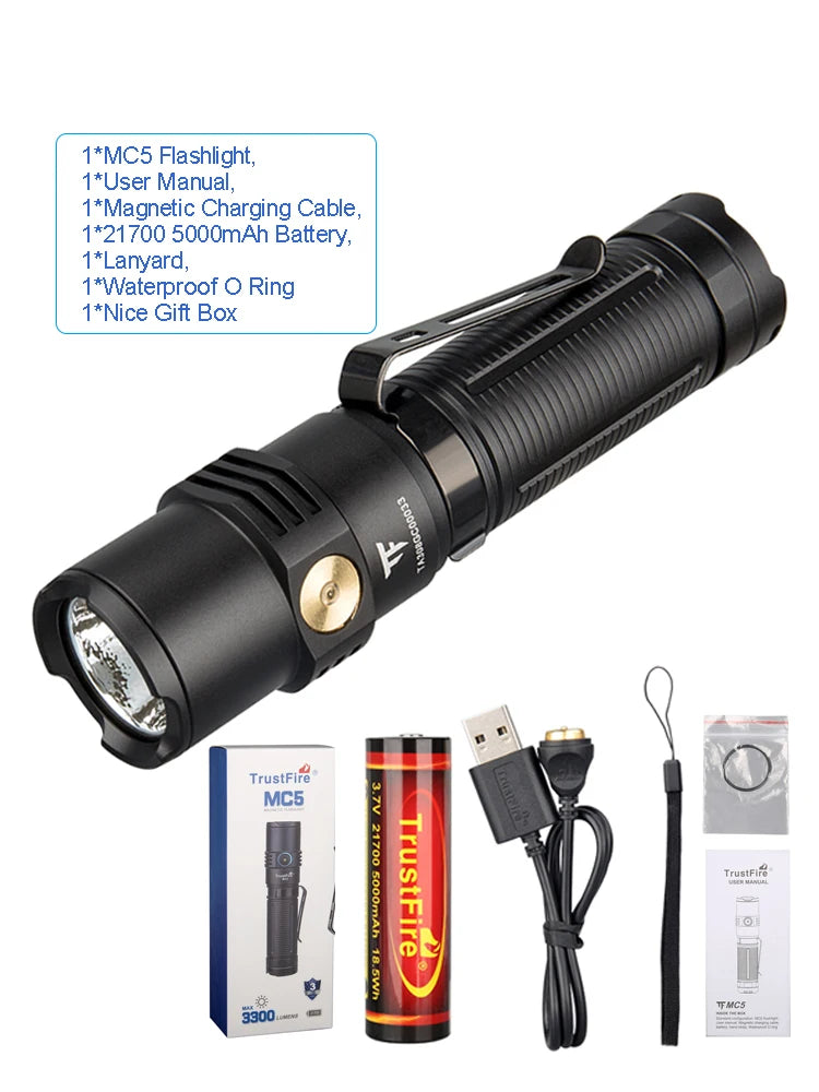 Trustfire MC5 LED EDC Flashlight 3300Lumen Rechargeable Lamp 21700 Battery Torchs with Magnetic USB Charging and Power Indicator