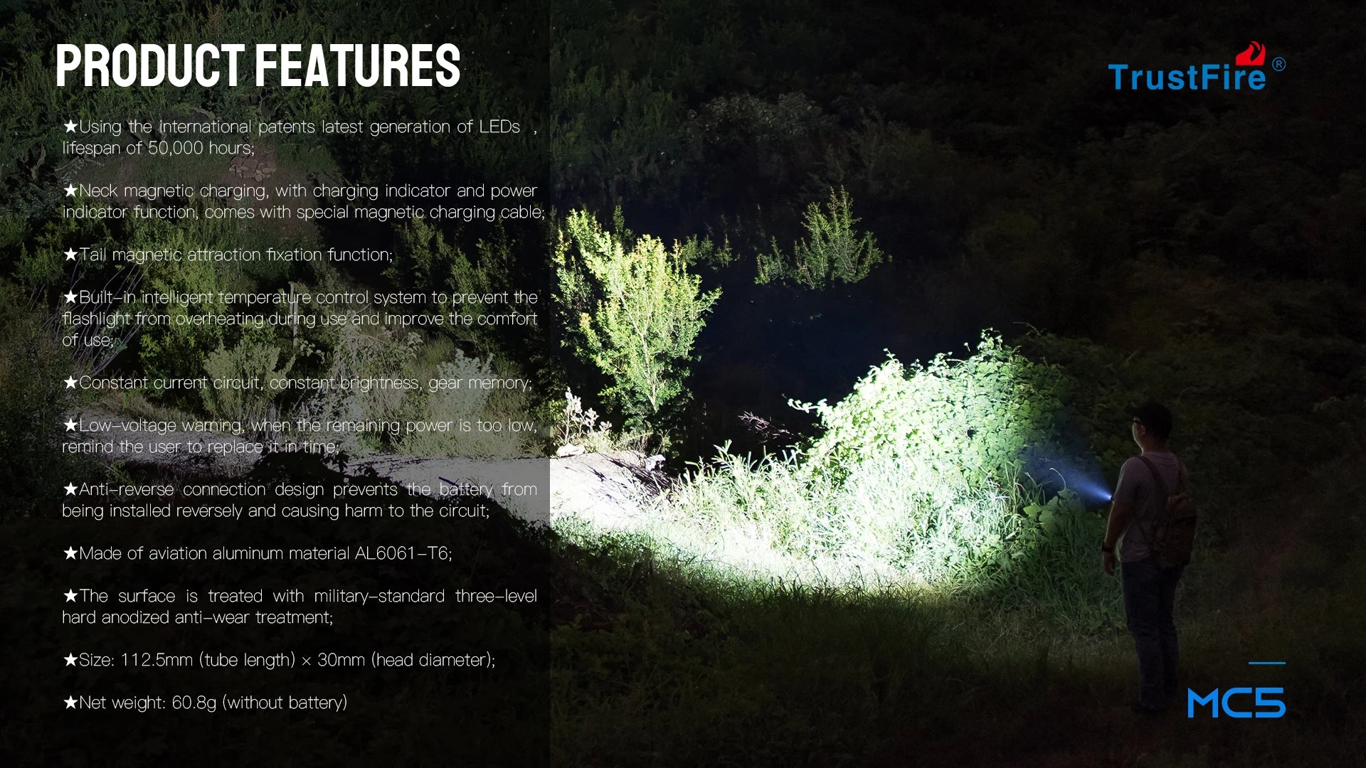 Trustfire MC5 LED EDC Flashlight 3300Lumen Rechargeable Lamp 21700 Battery Torchs with Magnetic USB Charging and Power Indicator