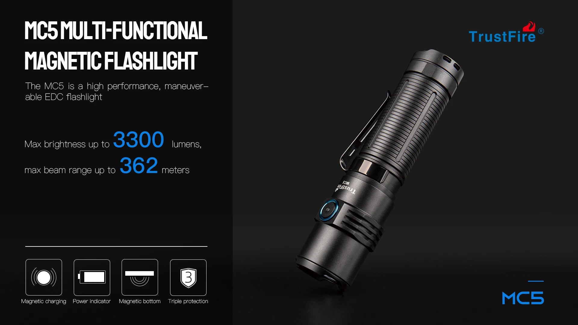 Trustfire MC5 LED EDC Flashlight 3300Lumen Rechargeable Lamp 21700 Battery Torchs with Magnetic USB Charging and Power Indicator