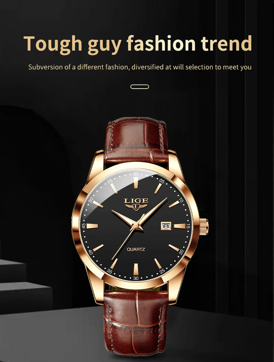 LIGE Classic Wrist Watches For Top Brand Luxury Business Date Waterproof Luminous Stainless Steel Men Quartz Wristwatch+Box