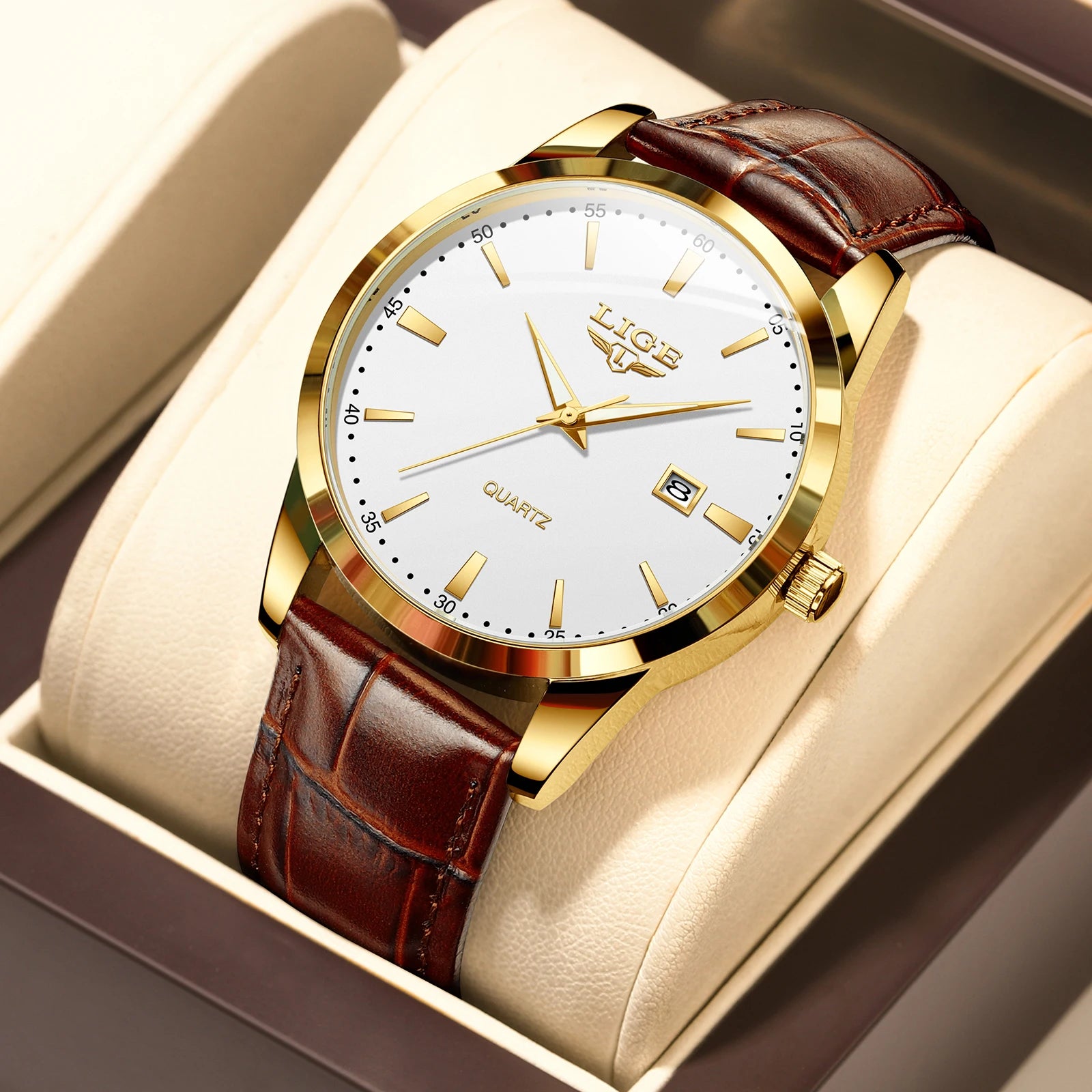 LIGE Classic Wrist Watches For Top Brand Luxury Business Date Waterproof Luminous Stainless Steel Men Quartz Wristwatch+Box