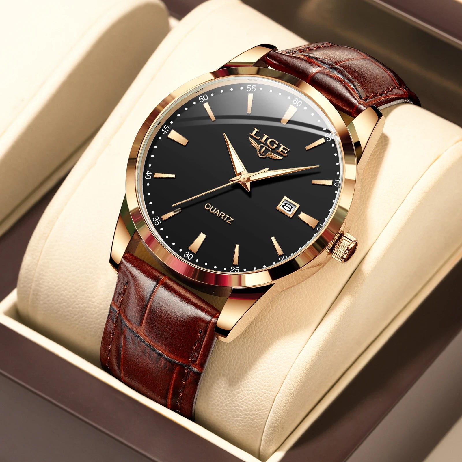 LIGE Classic Wrist Watches For Top Brand Luxury Business Date Waterproof Luminous Stainless Steel Men Quartz Wristwatch+Box