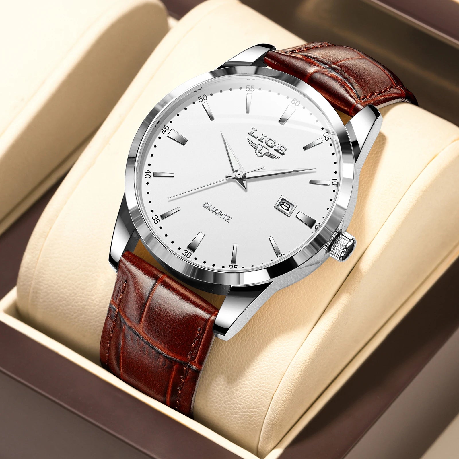 LIGE Classic Wrist Watches For Top Brand Luxury Business Date Waterproof Luminous Stainless Steel Men Quartz Wristwatch+Box