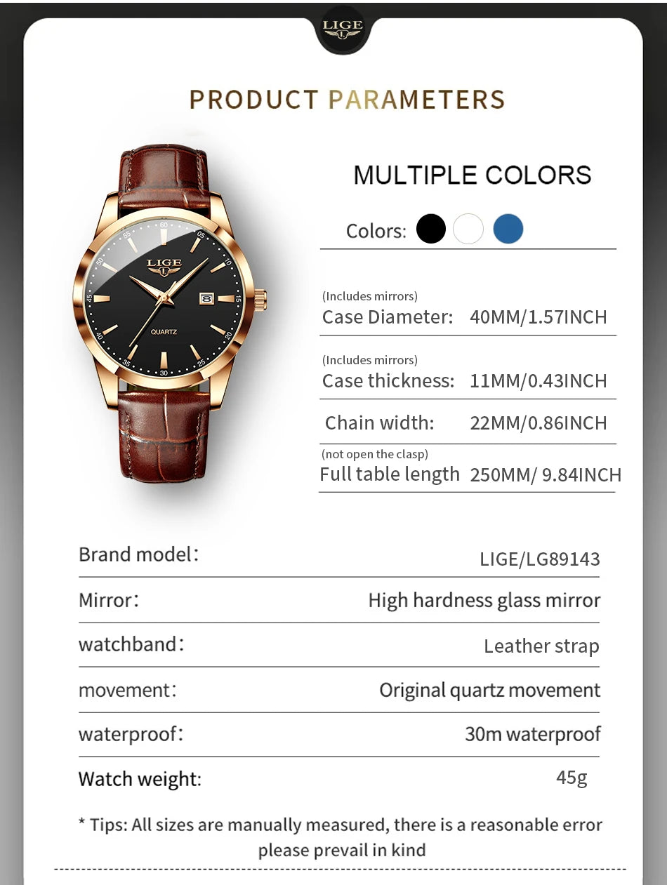 LIGE Classic Wrist Watches For Top Brand Luxury Business Date Waterproof Luminous Stainless Steel Men Quartz Wristwatch+Box