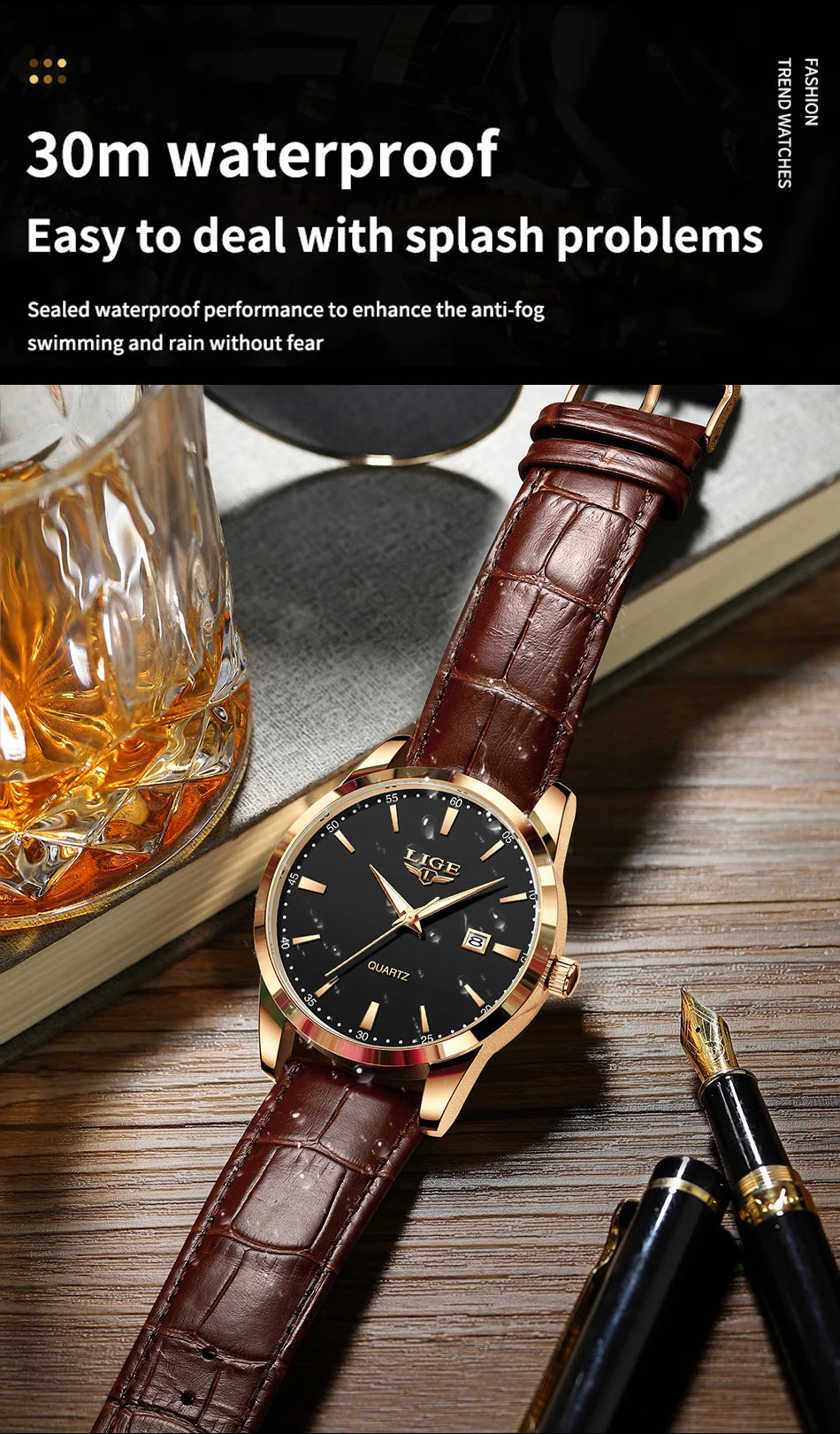 LIGE Classic Wrist Watches For Top Brand Luxury Business Date Waterproof Luminous Stainless Steel Men Quartz Wristwatch+Box