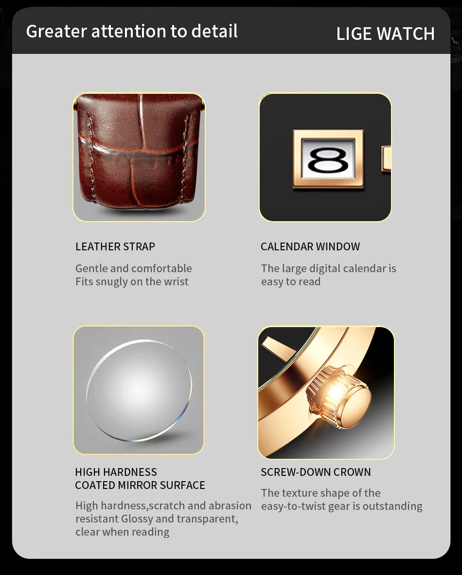 LIGE Classic Wrist Watches For Top Brand Luxury Business Date Waterproof Luminous Stainless Steel Men Quartz Wristwatch+Box