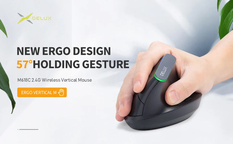 Delux M618C Wireless Silent Ergonomic Vertical 6 Buttons Gaming Mouse USB Receiver RGB 1600 DPI Optical Mice With For PC Laptop